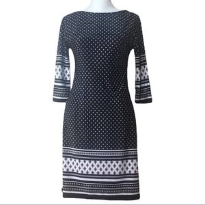 Primark Dress Womens 4 Black & White Diamond Print Boatneck 3/4 Sleeves Midi